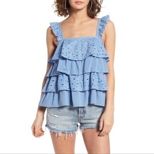 J by JOA Sleeveless Tiered Ruffle Chambray Eyelet Tank Top Babydoll Blouse M